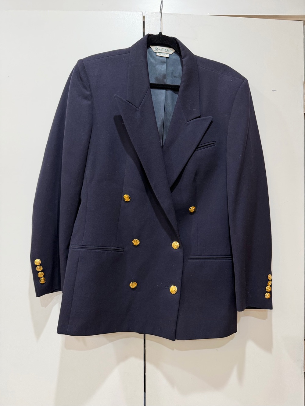VTG Austin Reed Navy Double Breasted Wool Blazer Jacket Gold Buttons Womens 10